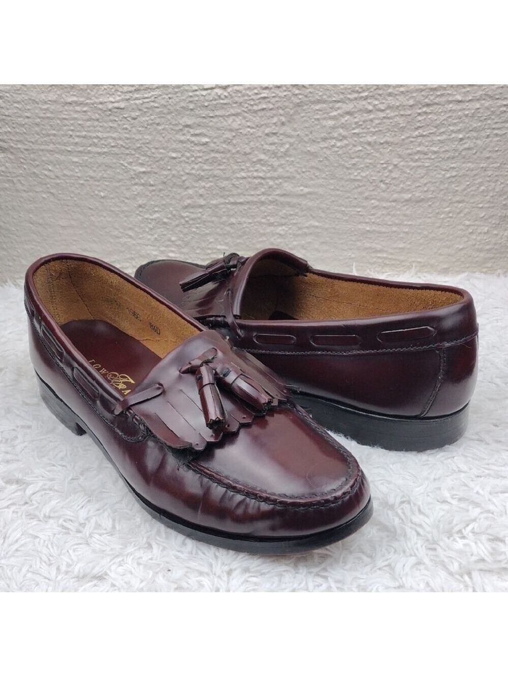 Towncraft Maroon Leather Feather Tassel Upper Low Block Heel Slip On Loafer Shoe